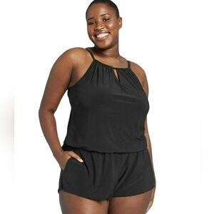 Aqua Green Women's Plus Size High Neck Swim Romper with Pockets - Black NEW